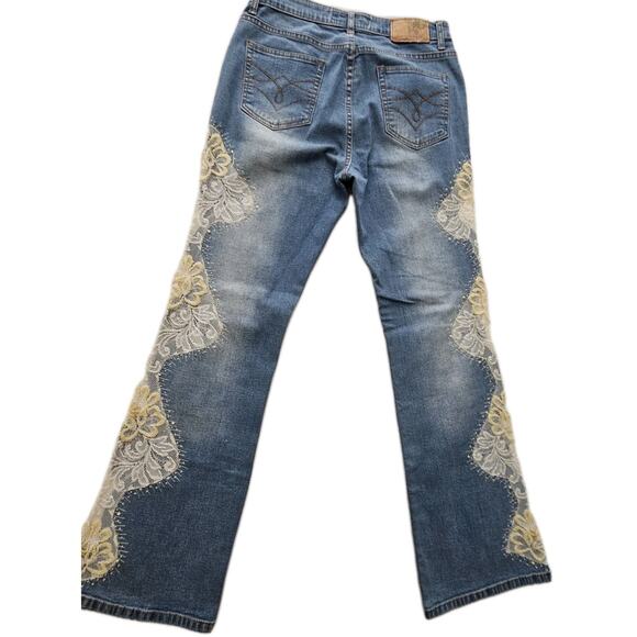 Sassy Thai Jeans Womens Embellished Beads Flowers Rhinestones Mid Rise 10 Flare - Picture 13 of 14